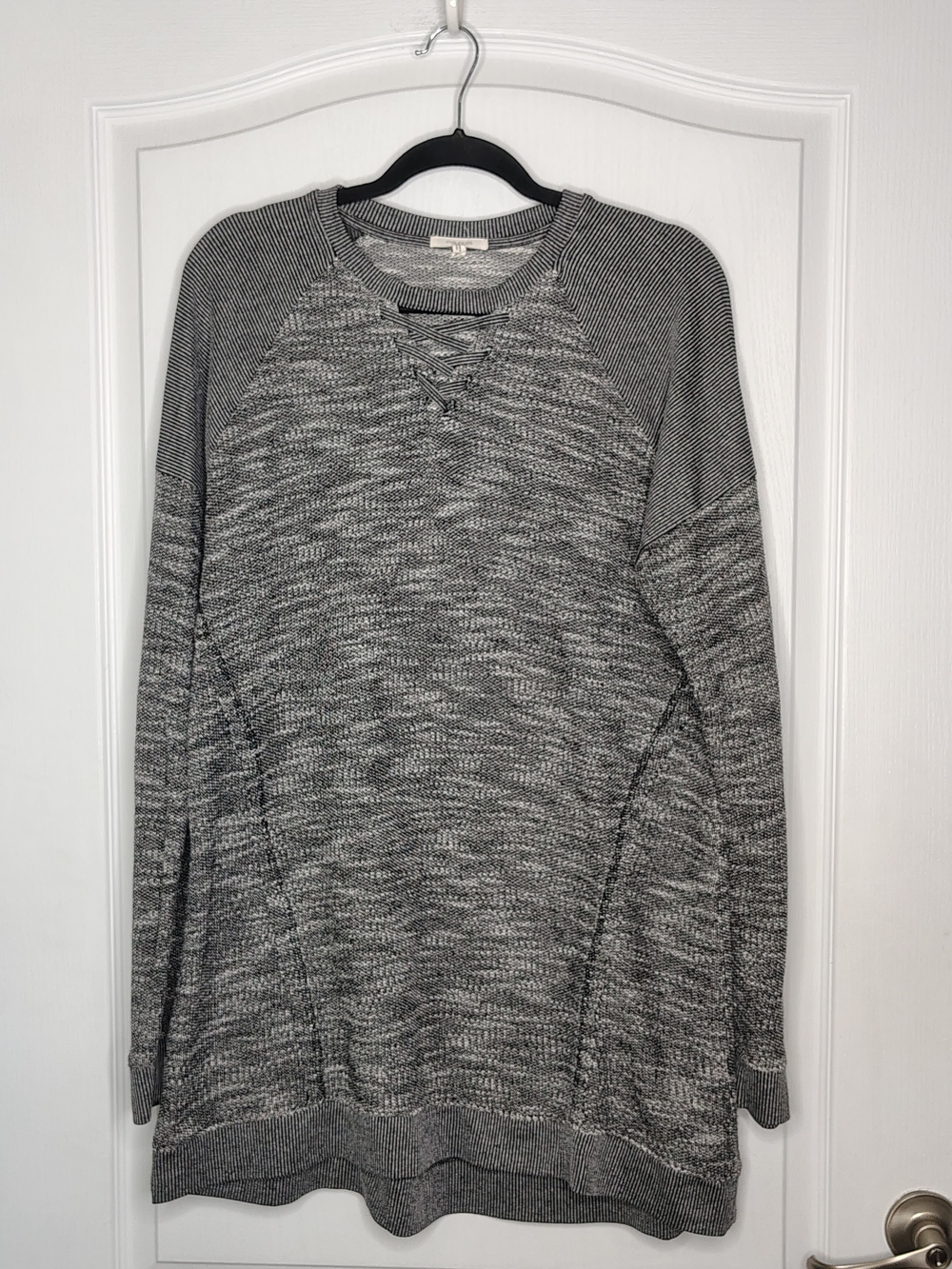 Maurices Gray Marled Crewneck Sweater with Lace-Up Detail
